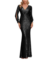 V-Neck Split Long Sleeve Shinning Sequins Dress Sai Feel